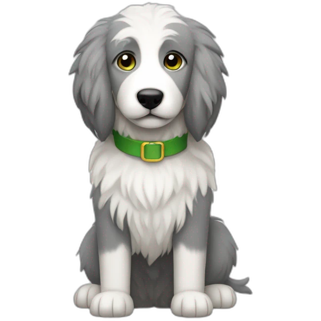 primarily grey and sometimes white, flully, skinny sheepdog with black eyes that are partially covered by fur, and a green collar emoji