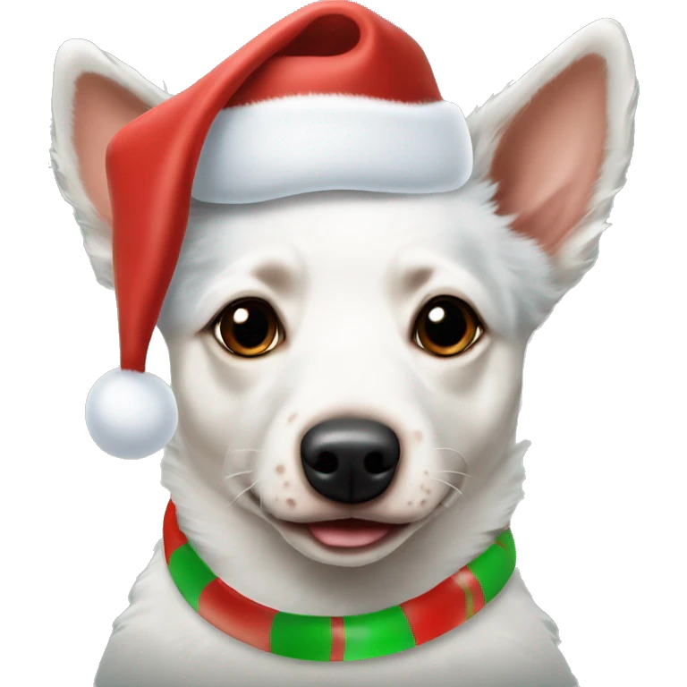 albino blue heeler wearing a christmas hat emoji