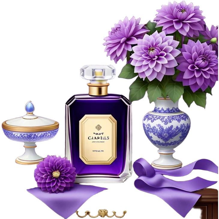 An ornate dark amethyst French-style perfume bottle, adorned with filigree accents, sits beside a porcelain dish of violet-hued petals. Lush periwinkle dahlias spill from a crystal vase, their soft petals contrasting with the bottle’s rich purple tones. A silk ribbon in muted lilac drapes across the wooden dresser, completing the dreamy vintage scene. The faint aroma of iris and musk lingers, reminiscent of an old-world Parisian boudoir. emoji