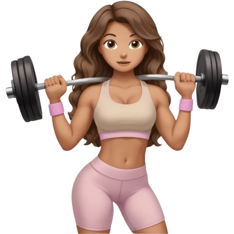 Create dream body girl with big glute and small waist and brown wavy long hair with pastel beige gym clothes with a weight in her hand  emoji