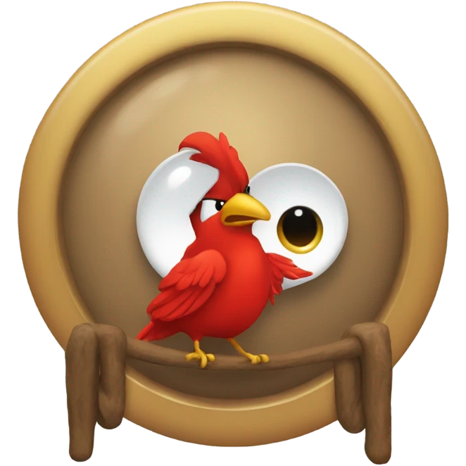 A red bird pooping on a gong emoji