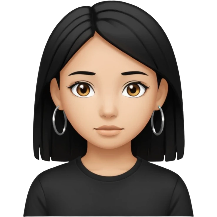 a pretty bratz girl with straight black hair wearing a black tshirt and silver hoops. tan girl emoji