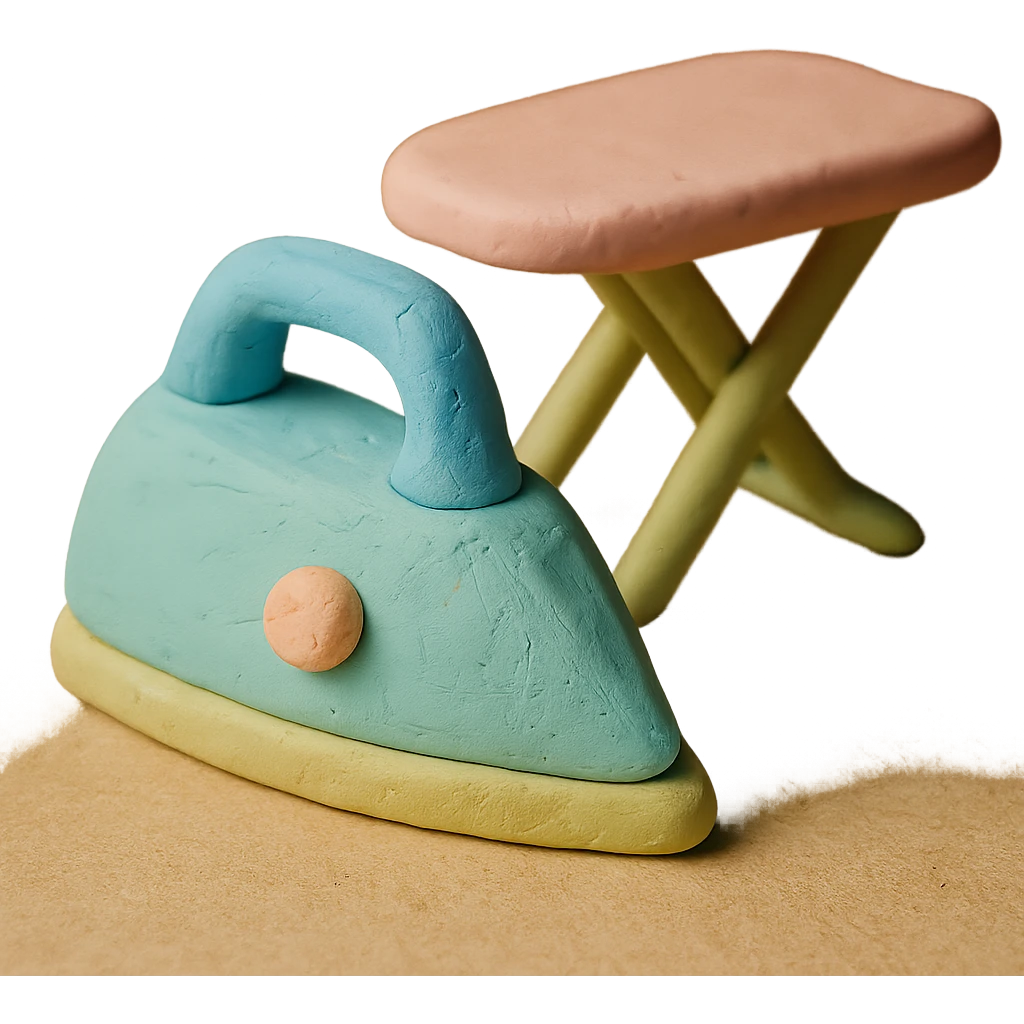 iron and ironing board in claymation style, pastel colors, visible fingerprints, soft matte finish emoji