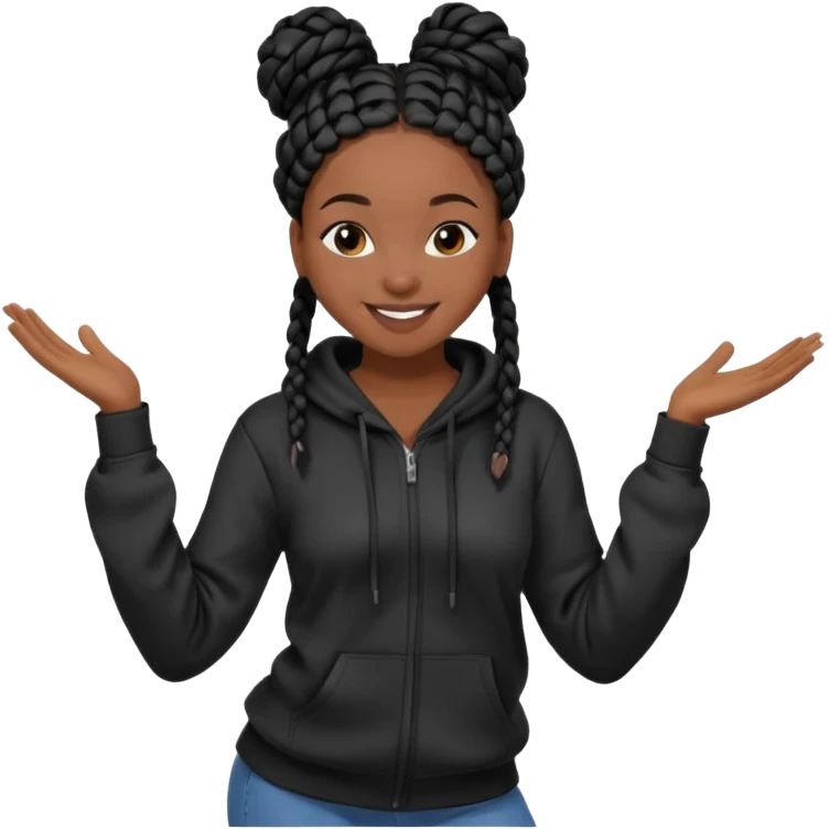 African American girl dark skin complextion long black box braids wrapped in a bunwearing plain black hoodie dancing emoji