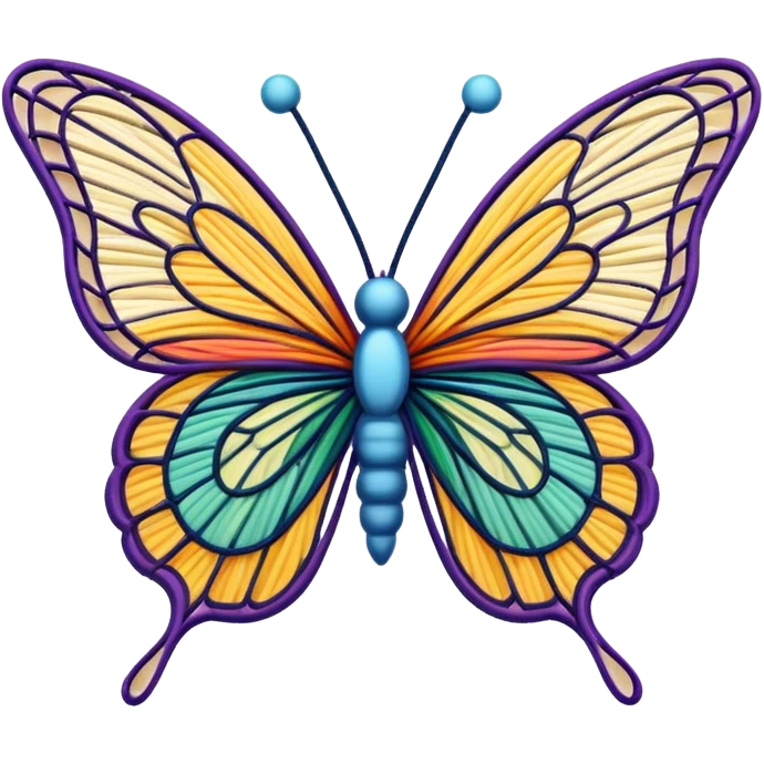 String art icon, colorful butterfly made with threads, wings formed by intricate thread patterns, body of the butterfly with visible thread ball structure, minimalistic style, clean lines, transparent background. emoji