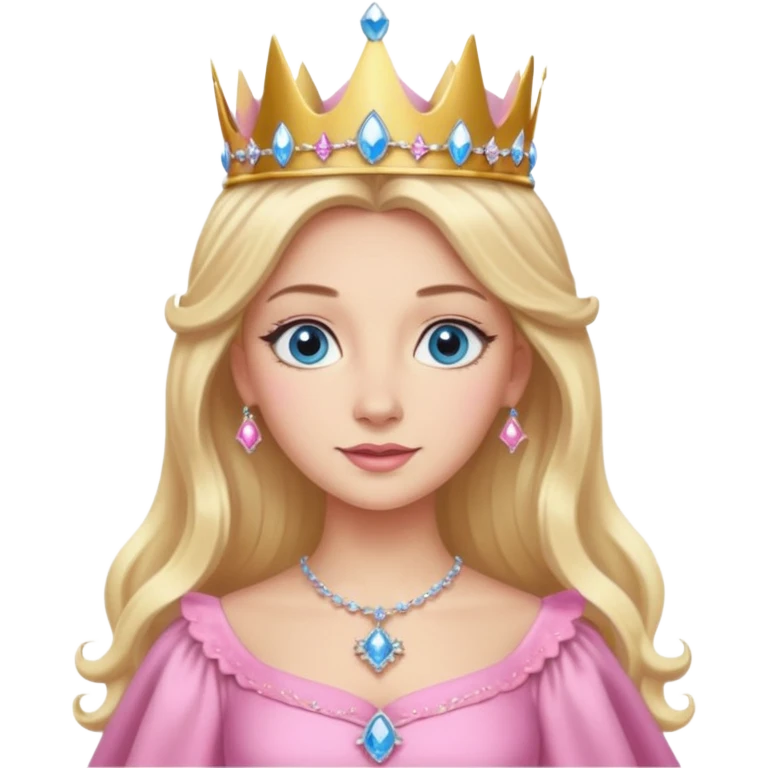 Glinda the Good Witch from The Wizard of Oz with light skin, blue eyes, long blonde hair, pink outfit and crown emoji