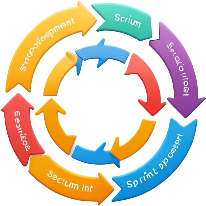 Software development scrum process cycle with sprint planning, daily standups, sprint review and retrospective in a circular flow emoji
