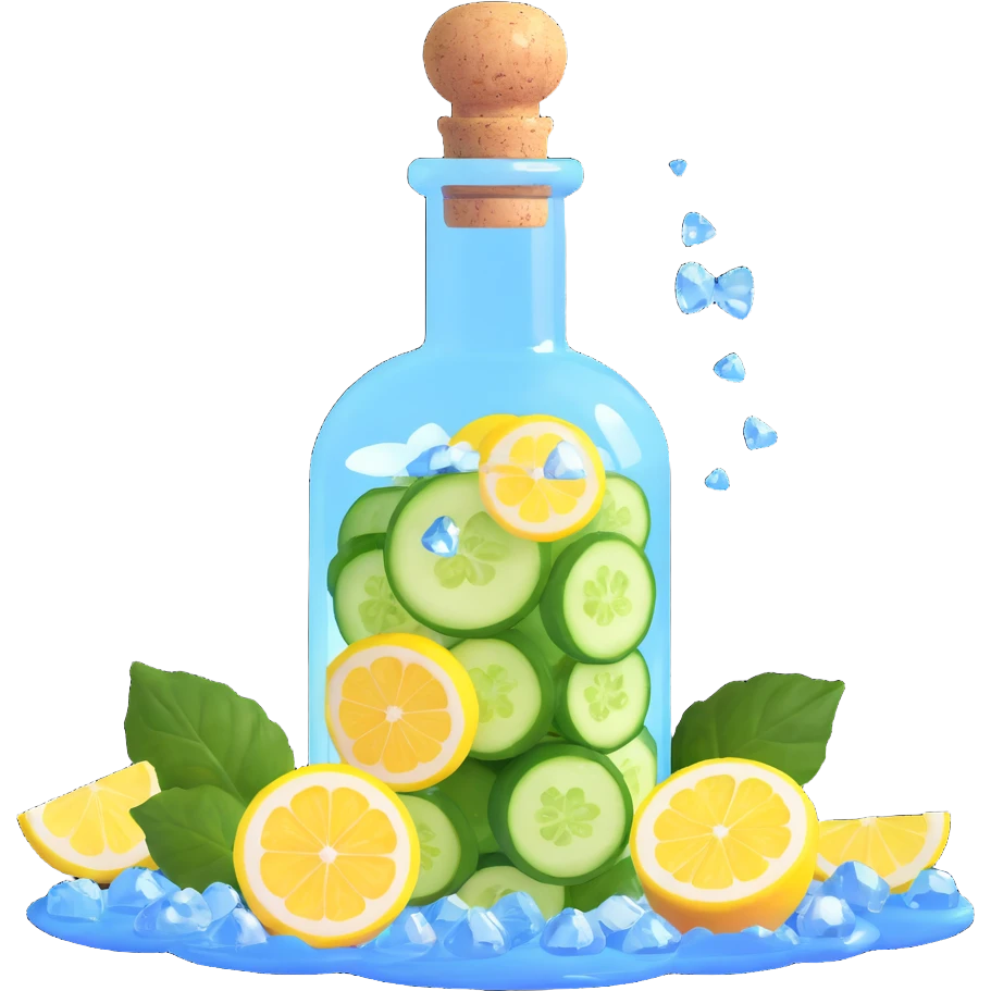potion bottle with a perfectly round floating bottom, very small cork, very short neck, filled with #00d9ff liquid, inside cucumber slices, lemon slices, ice cubes, edible flower petals, and magical sparkles, soft lighting, transparent glass, clean background, fantasy style emoji