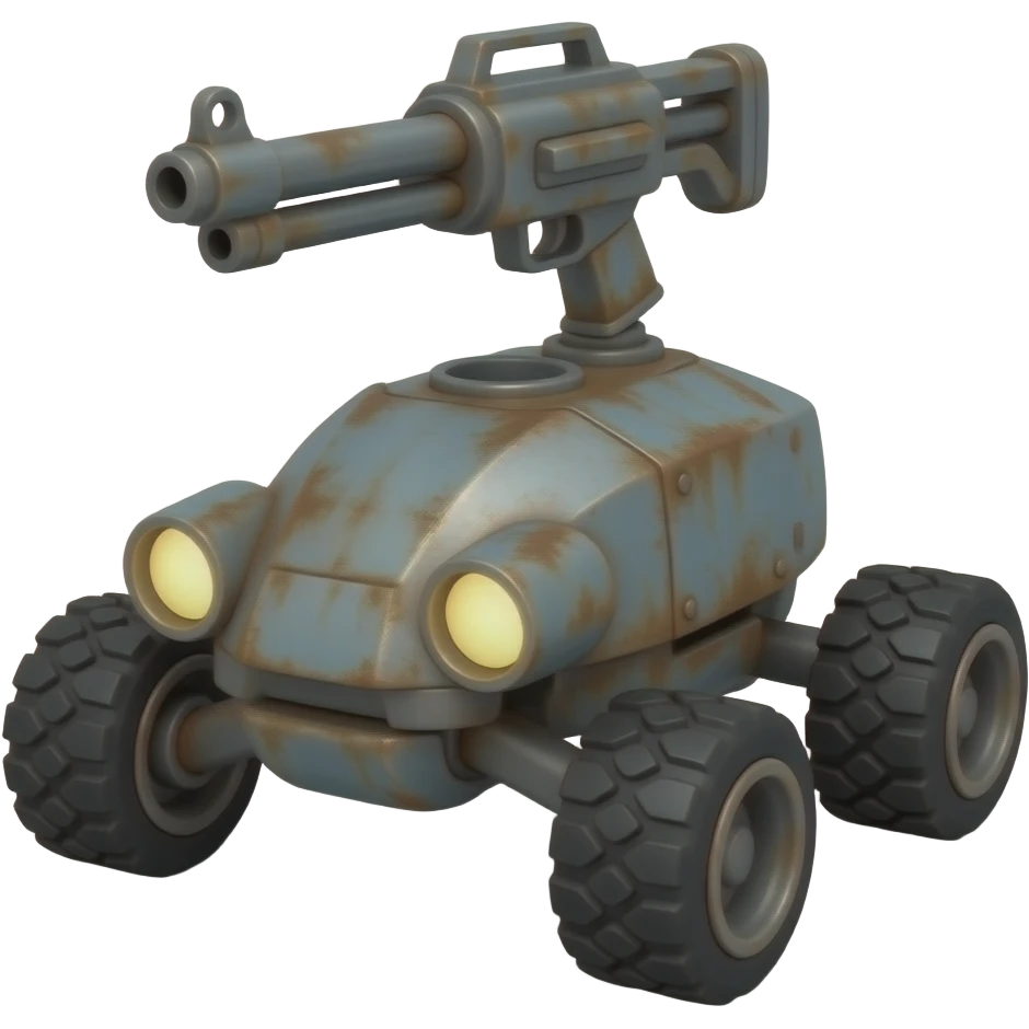 rusty machine on four wheels, glowing round headlights, gray metal with rust, soft lighting, clean background, it has a minigun emoji