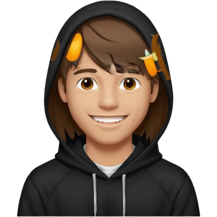 20 yr old man, brown hair, straight, big smile, white teeth, tanned skin, bangs, black hooded sweatshirt, long hair in back, center-parted bangs emoji