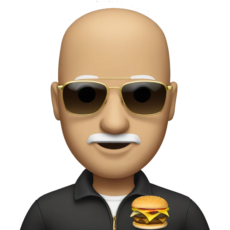 A white bald guy with a goatee wearing sunglasses and a gold chain holding a hamburger  emoji