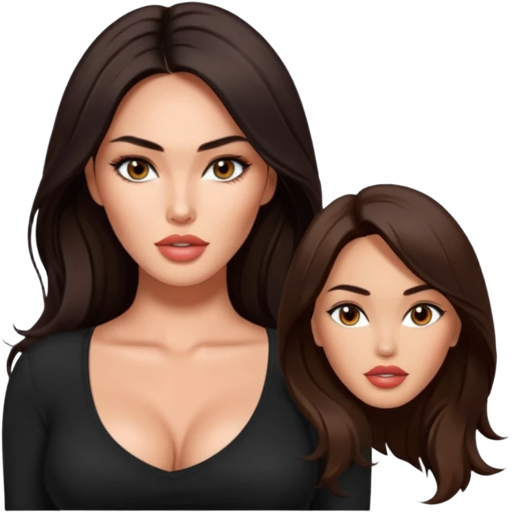 Megan fox, fashion model Beautiful woman model adult   large breasts  with monolid narrow dark brown eyes tan  skin, full lips  long hair model black   top   emoji