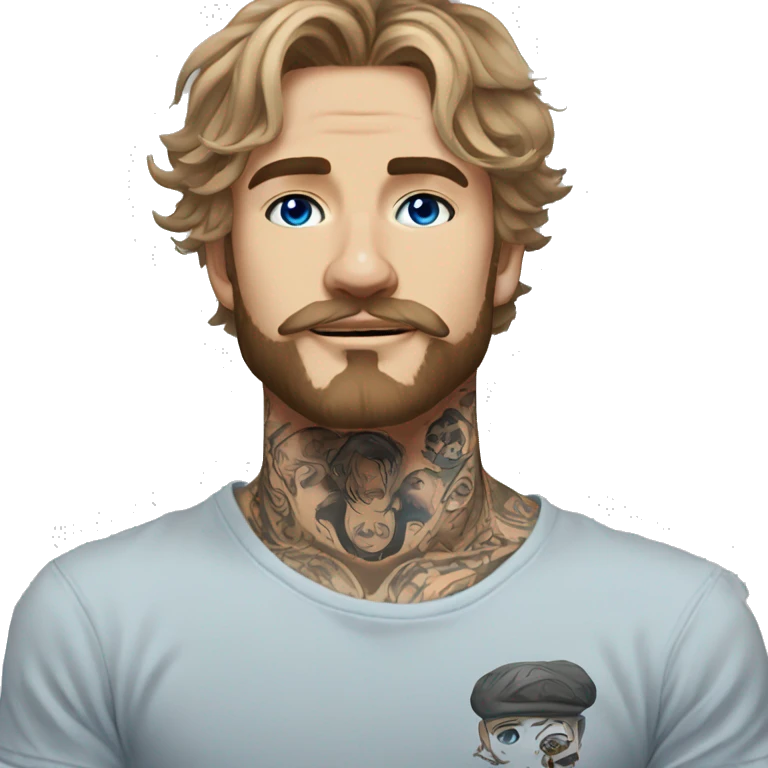 Man with Light brown hair, neck tattoos, arm tattoos, mustache and beard, blue eyes, silver nose piercing hoop, black anime graphic tee emoji