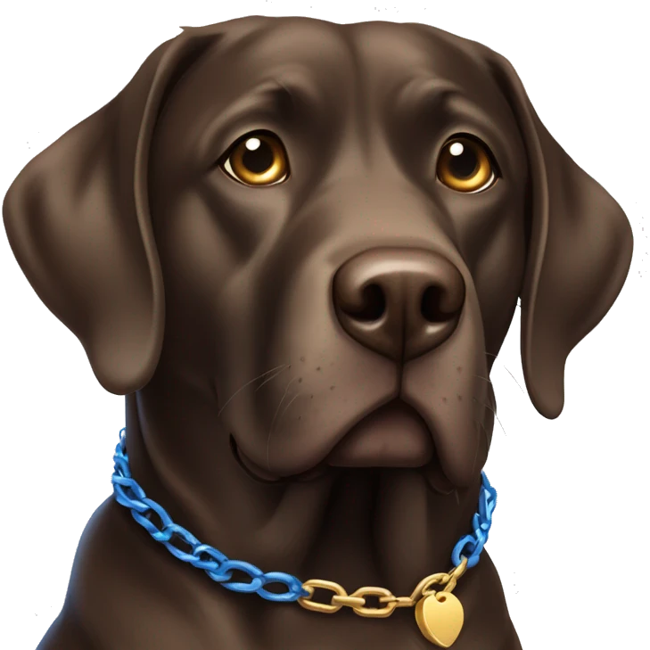 a big adult choc lab with blue eyes wearing a thick gold chain collar  emoji