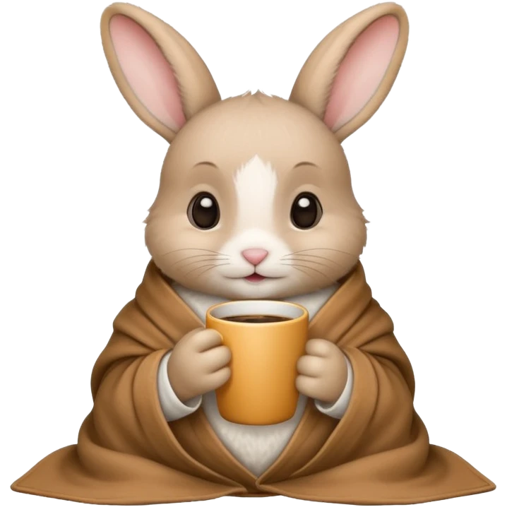 baby rabbit in cozy blanket, drink coffee emoji