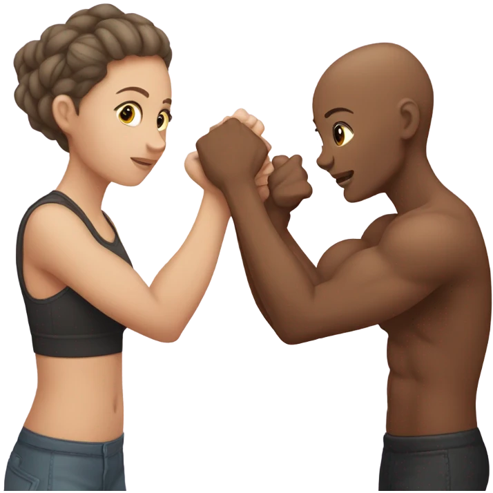 Girl with no hair and medium brown skin arm wrestling with a girl who brown hair emoji