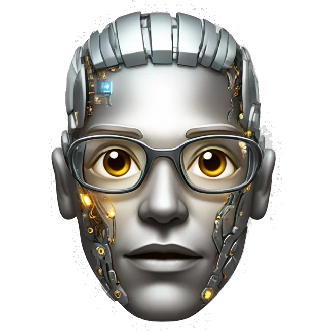 Male cyborg head with metallic skin, flat top, rectangular glasses and circuits emoji