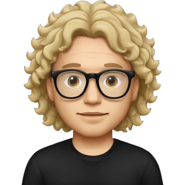 Crie um zumbi estilo emoji do iPhone com cabelo ondulado grande masculino com camiseta preta e óculos de grau preto emoji