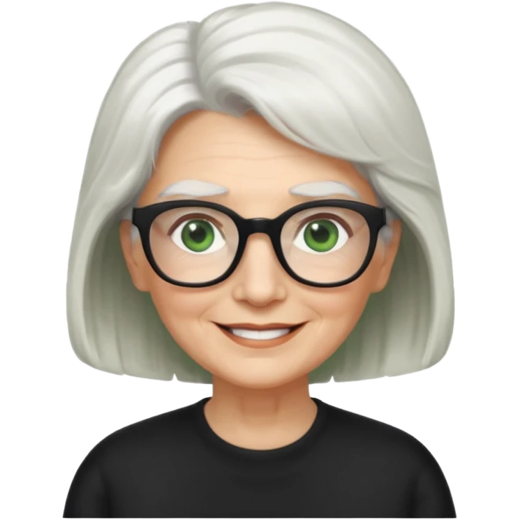 White hair grandma, green eyes, hair to shoulder, lokeg black glasses, rectangles face, smile , emoji