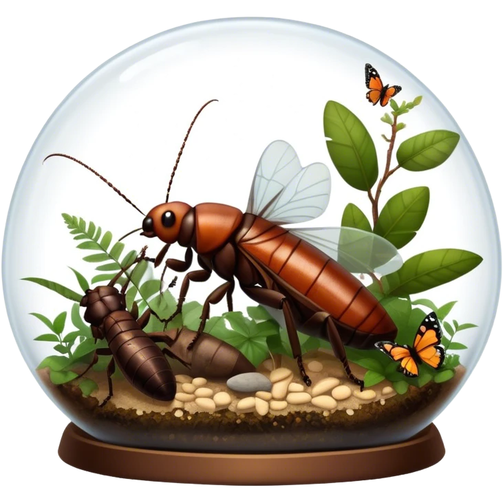 Close-up of giant Madagascar hissing cockroaches, butterflies, and stick insects inside a terrarium, with detailed textures of their bodies, wings, and legs. Soft lighting highlights their features. Transparent background. emoji