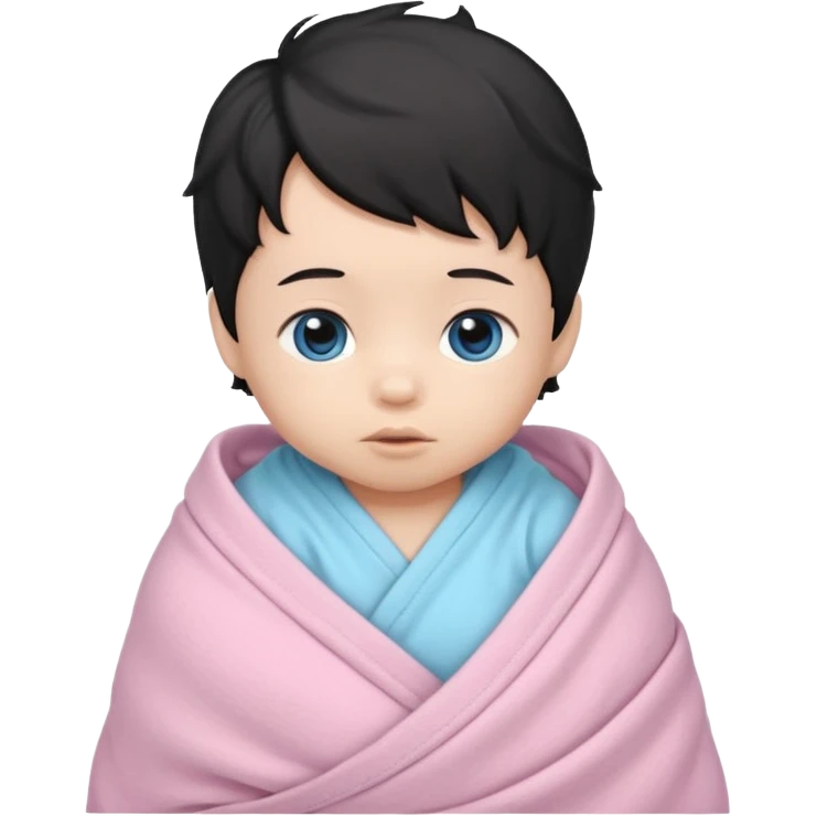 a  asian newborn baby with black wavy hair and blue eyes wrapped in a light pink swaddle emoji