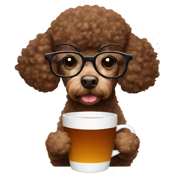 Brown poodle with glasses reading and drinking a cup of tea emoji