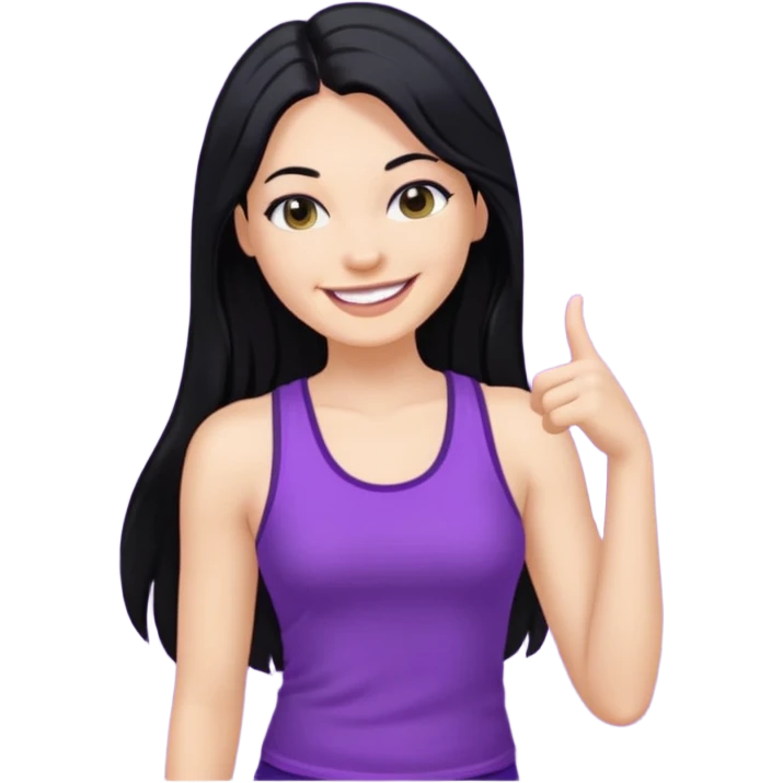 white woman in y2k purple tank top, long black hair, smiling emoji