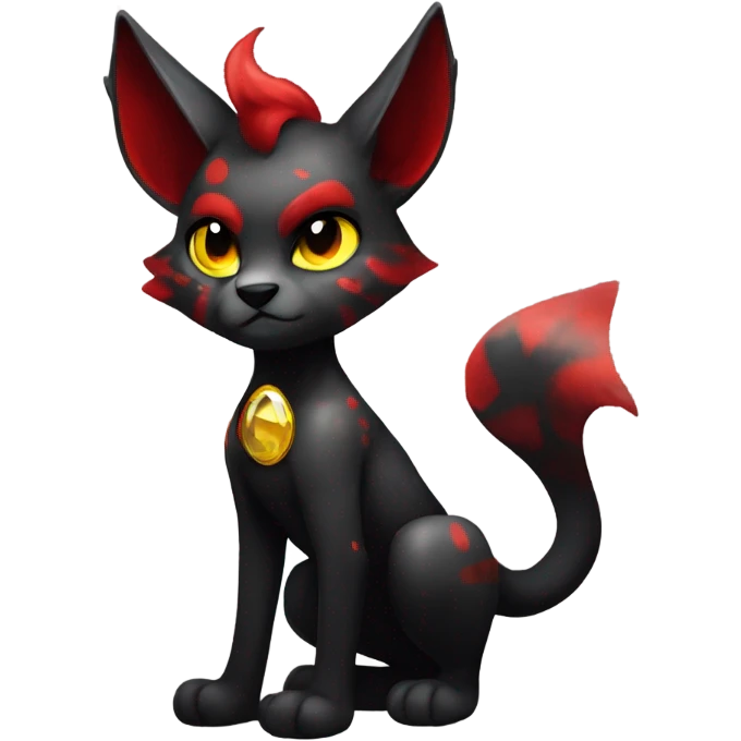 black Shiny Fionbri-Falvie-sparkle-sona with yellow eyes, red edgy markings full body fursona emoji