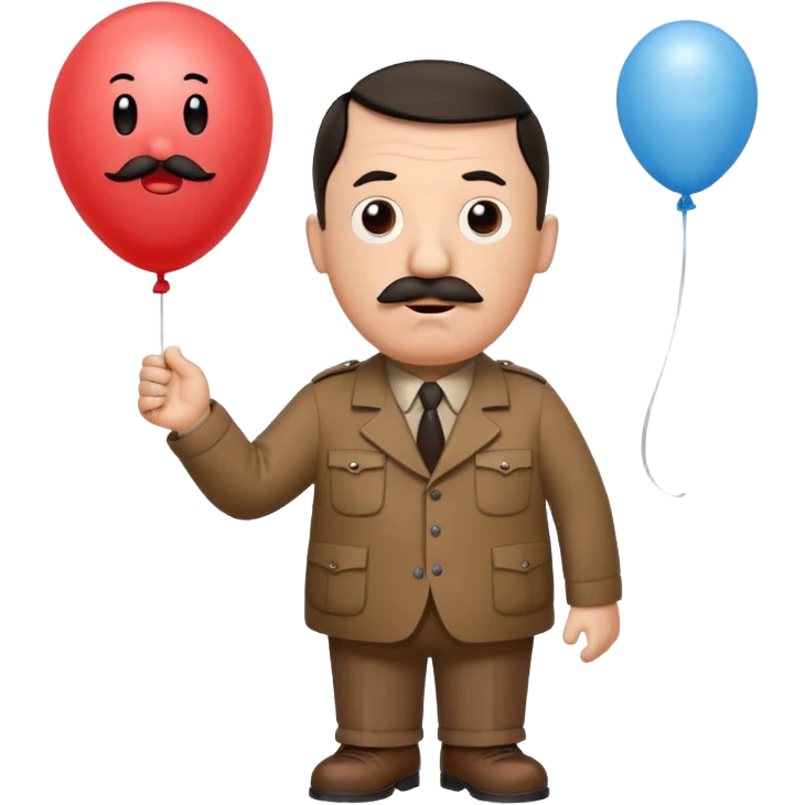 Adolf Hitler as a Mr. Men character, funny and cartoonish, with a small mustache and a surprised expression, wearing a brown shirt and holding a balloon emoji