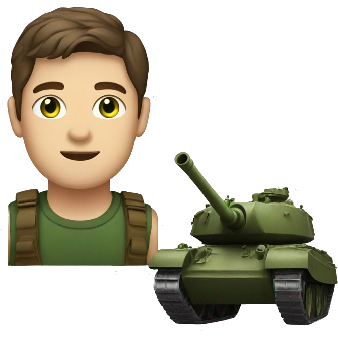 A man with brown hair and green eyes, driving a tank emoji