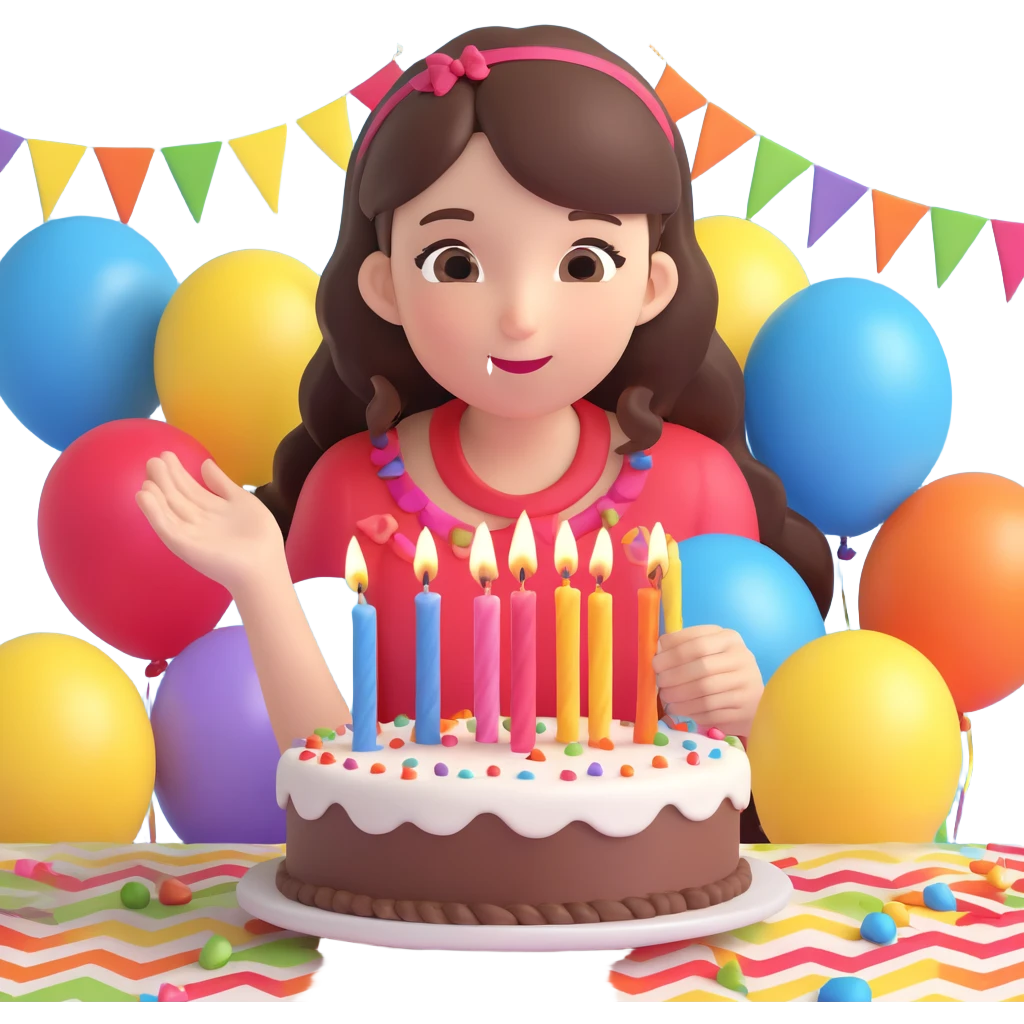 brunette girl blowing out candles on a birthday cake, joyful, party decorations emoji