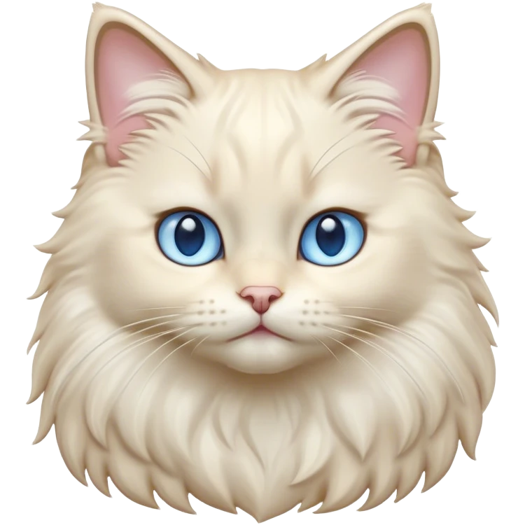 Cinematic Adorable Fluffy Cream Ragdoll Cat Portrait Emoji, Head tilted gracefully with soft, sparkling blue eyes, silky cream-colored fur with subtle darker points on the ears, face, and paws, Simplified yet noble features, highly detailed, glowing with a warm and gentle radiance, high shine, affectionate and poised, stylized with an air of elegance, bright and endearing, soft glowing outline, capturing the essence of a majestic and loving kitty, so dignified it feels like it could spring into action at any moment with grace! emoji