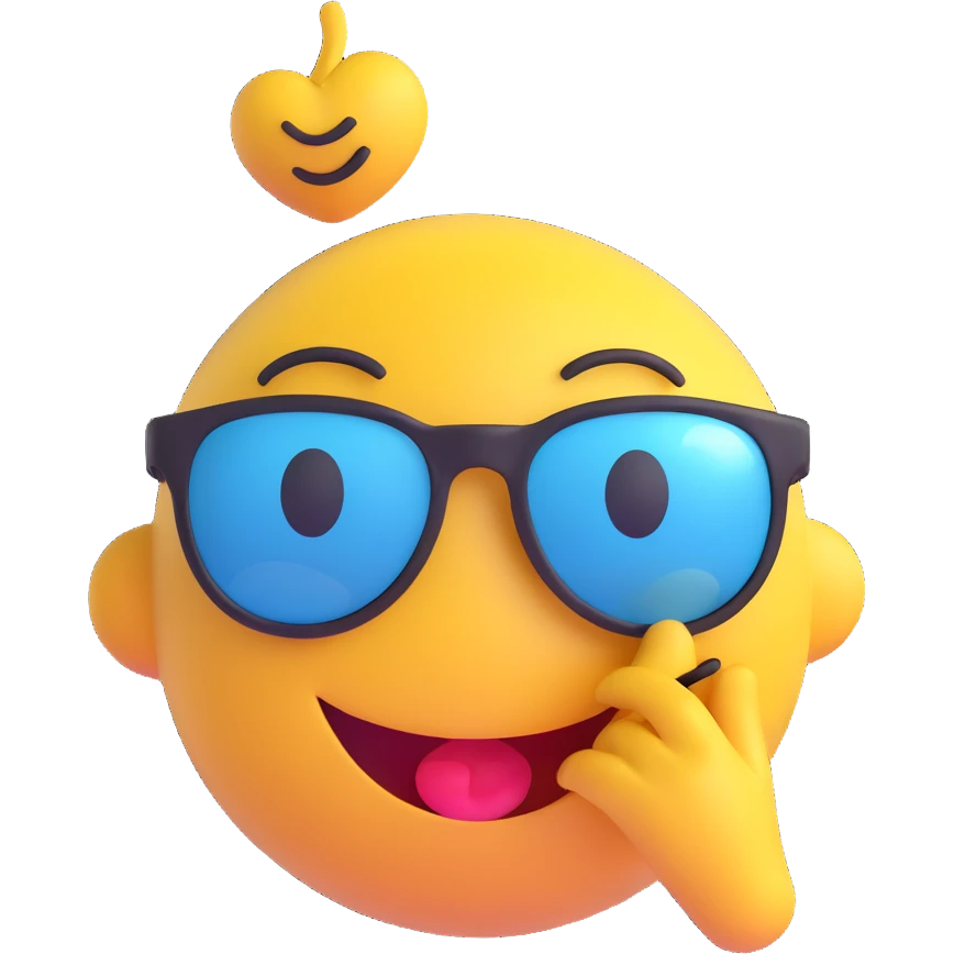 3D smiley emoji, nagy szempillás, napszemüvegben, puszit dobó emoji