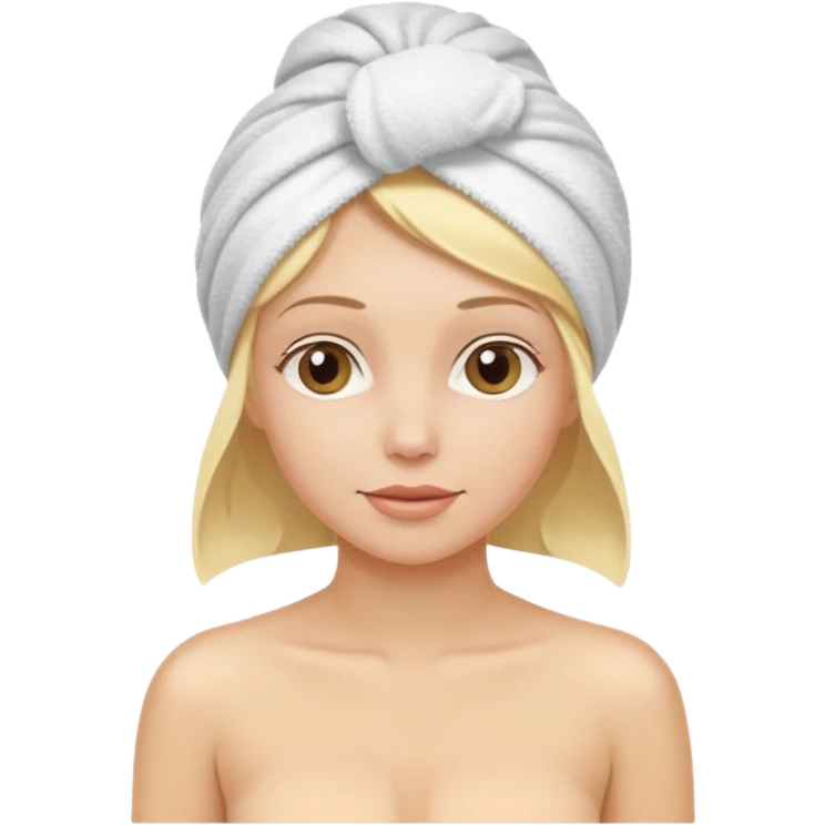 mulher branca e loira com toalha na cabeça tipo spa emoji