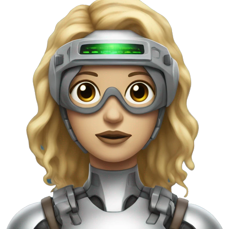 female cyborg head, fair skin, Brown long hair with blonde steaks, space age goggles and circuits emoji