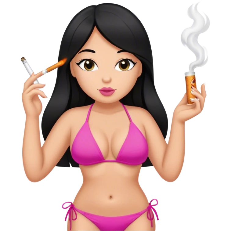 caucasian curvy girl in pink bikini, long straight black hair smoking  emoji
