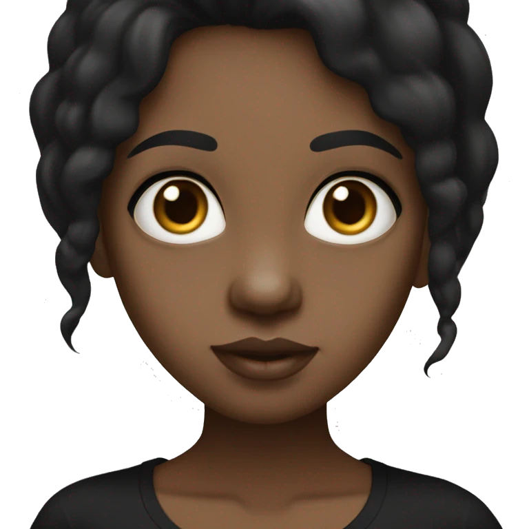 Girl with white skin tone, big eyes, small lips, big nose, long black hair, black T shirt
 emoji