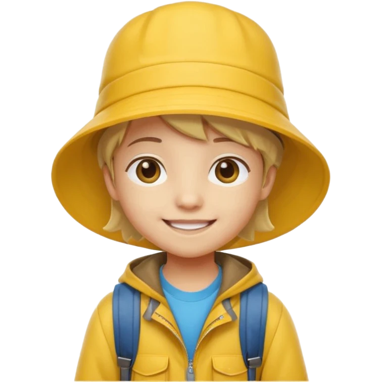 Little student wears yellow bucket hat and jacket, backpack, happ emoji