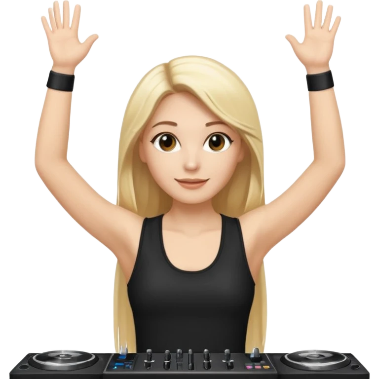 I want a white female dj animated gif emoji with long straight centre parting blonde hair, brown eye brows and putting hands up in the air. Wearing a black tight top with no sleeve emoji