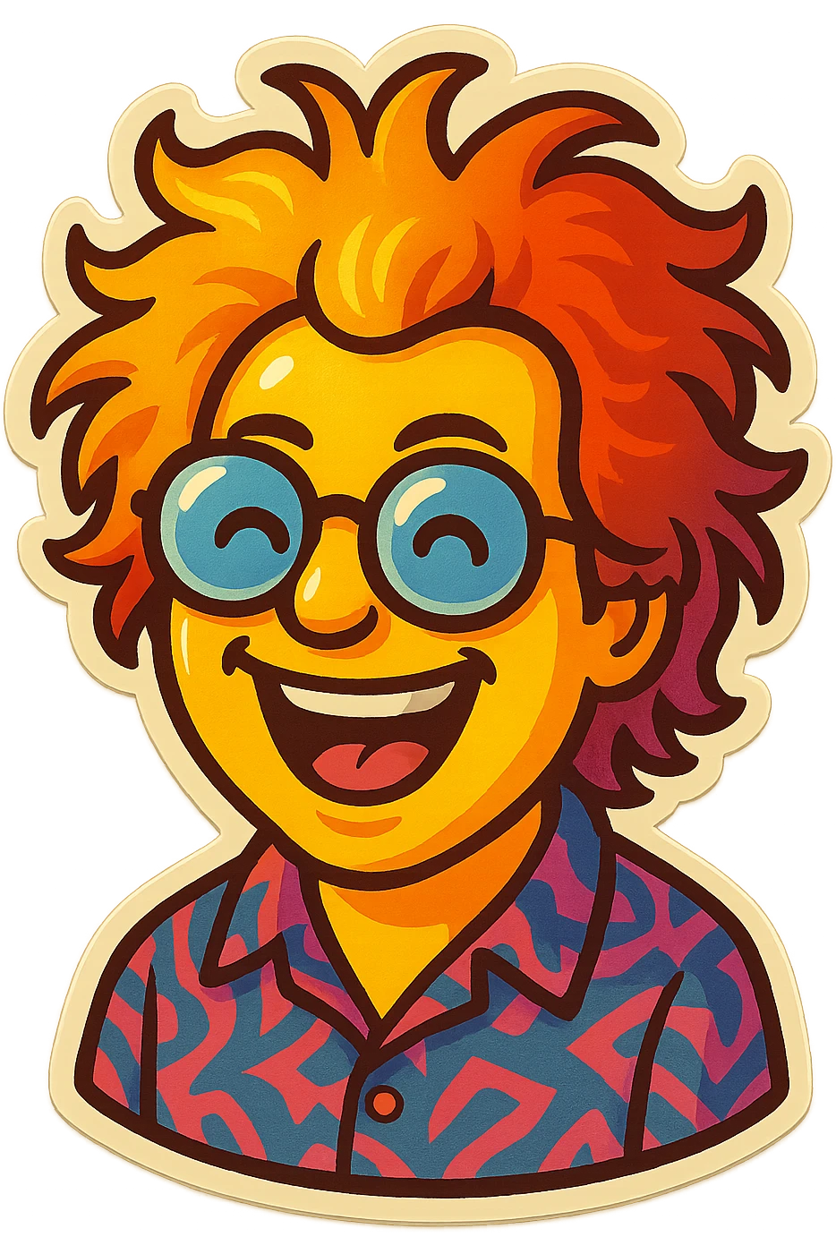 Create an emoji based on this person's appearance, focusing on the wild hair, glasses, and patterned shirt. Use a fun, expressive style suitable for emoji, in a retro stickers style. emoji