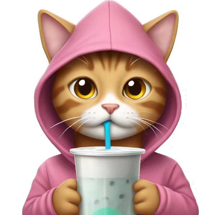 Cat wearing a hoodie drinking boba emoji