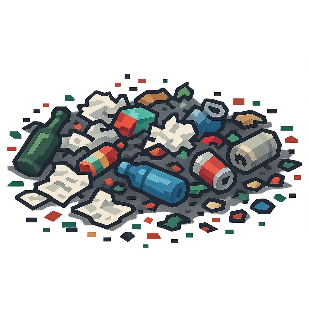 Make the trash on the floor look much messier, with more scattered items, in a pixel art style, no background. emoji