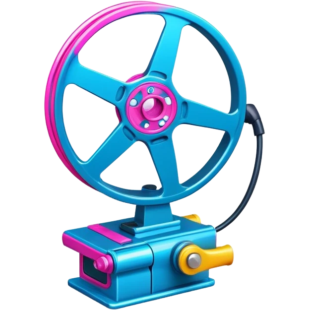 Bright, colorful icon symbolizing Animation and Motion Design with a transparent background. Include a dynamic motion effect, such as a spinning film reel or a stylized character in motion. Use vibrant colors like neon blue, pink, and yellow, with a modern, techy feel.  emoji