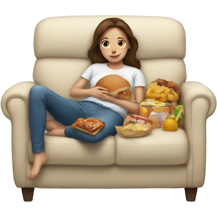 Girl with brown hair laying on couch with a food baby emoji