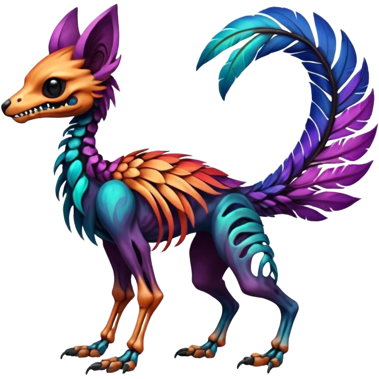 Rare colorful gradients colored realistic dark edgy glossy shiny tropical tribal patterned feathery skeletal badass epic pretty beautiful handsome gorgeous aesthetic colorful vibrant Vernid-Trico-species-Fakemon-creature by LiLaiRa, 4 legs, 1 tail, random markings, (full body) emoji