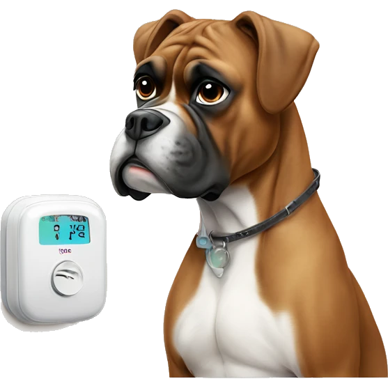 Boxer dog with the thermostat in its mouth with tired eyes ￼ emoji