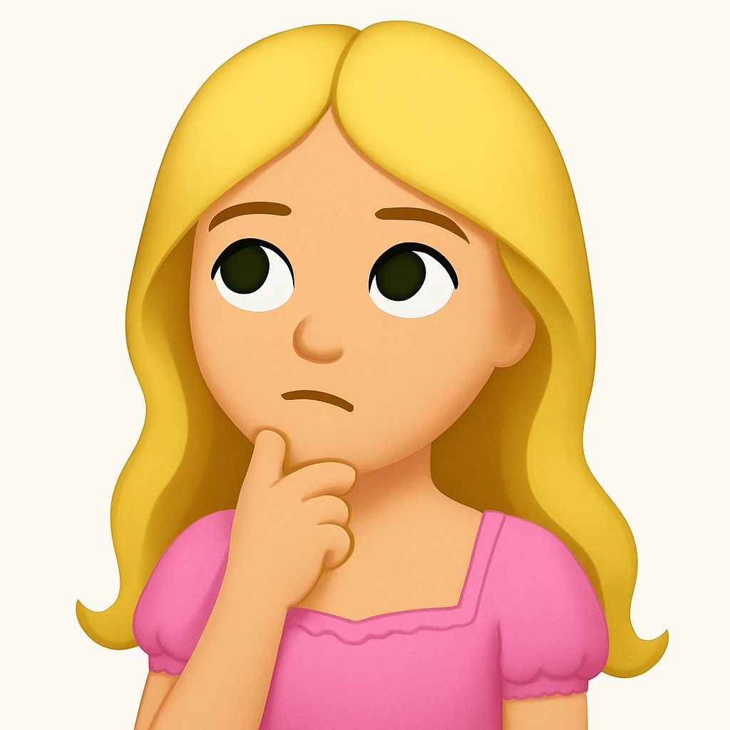 Edit the image to depict a long-haired blonde with swamp eyes wearing a pink pastel dress, in the style of iOS emoji. Match all features from the reference image but change the emotion to thoughtful. emoji