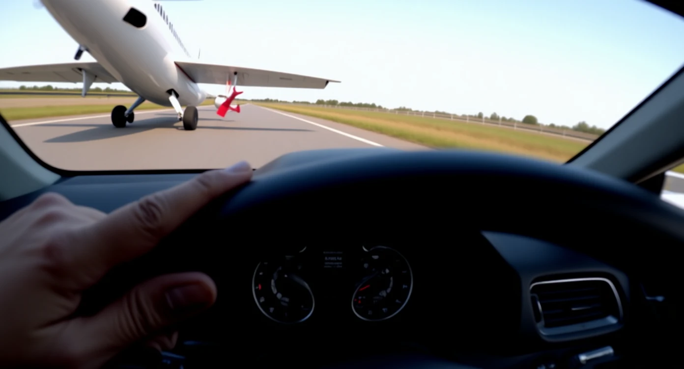 Realistic camshot pov car (hands holding car wheel) plane crash on road emoji
