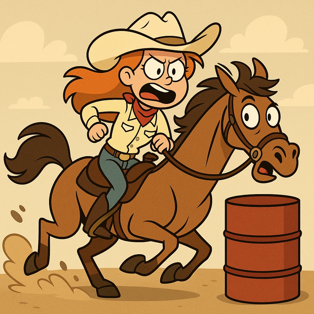 a girl barrel racing on a horse, western cartoon style, exaggerated expressions emoji