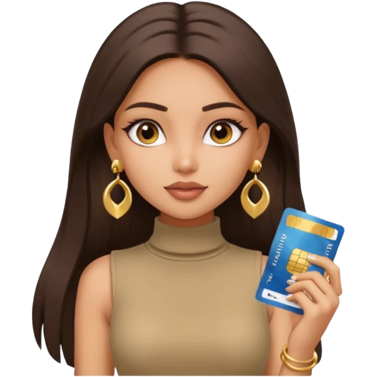 a pretty bratz fair indian girl wearing a beige sleeveless turtleneck, golden earrings, straight ling hair, holding bank cards, dark brown hair emoji